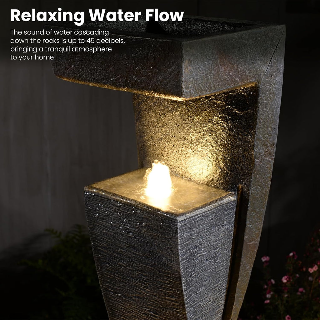47.2' H Garden Fountains Outdoor Modern Water Fountain Indoor Floor Standing Large Waterfall with LED Lights and Pump for Patio Decor, Yard Decorations
