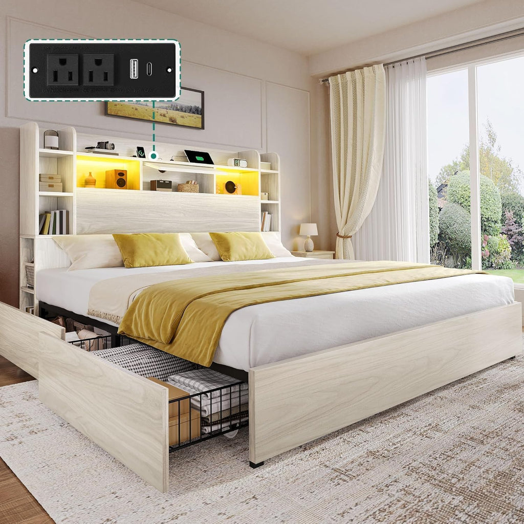 DWVO King Size Bed Frame with Bookcase Headboard and 4 Storage Drawers, RGB LED Bed Frame with Type-C & USB Charging Station Storage Headboard Bed, No Box Spring Needed, Noise Free, Wooden White