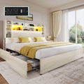DWVO King Size Bed Frame with Bookcase Headboard and 4 Storage Drawers, RGB LED Bed Frame with Type-C & USB Charging Station Storage Headboard Bed, No Box Spring Needed, Noise Free, Wooden White