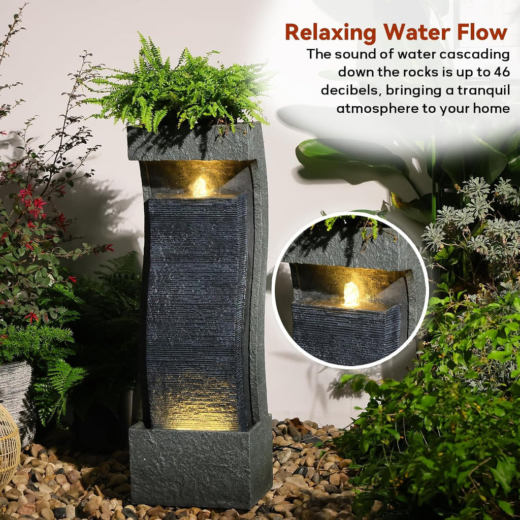 Sunlinua 35H Modern Outdoor Water Fountain with Warm Light Garden Cascading Waterfall Feature for Indoor or Outdoor Cascading Waterfall for Relaxing Garden Patio Backyard Deck Porch or Home Décor
