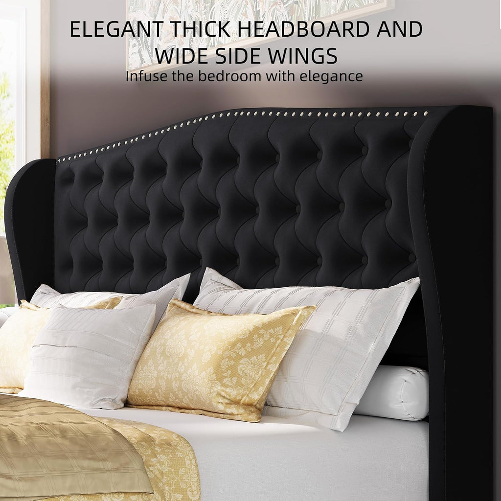 BRELTAM Upholstered Queen Size Bed Frame Velvet Black Tufted Platform Bed Frame with Wingback Headboard & Footboard, with Deep Button Tufted & Nailhead Wooden Slats Support, No Box Spring Needed