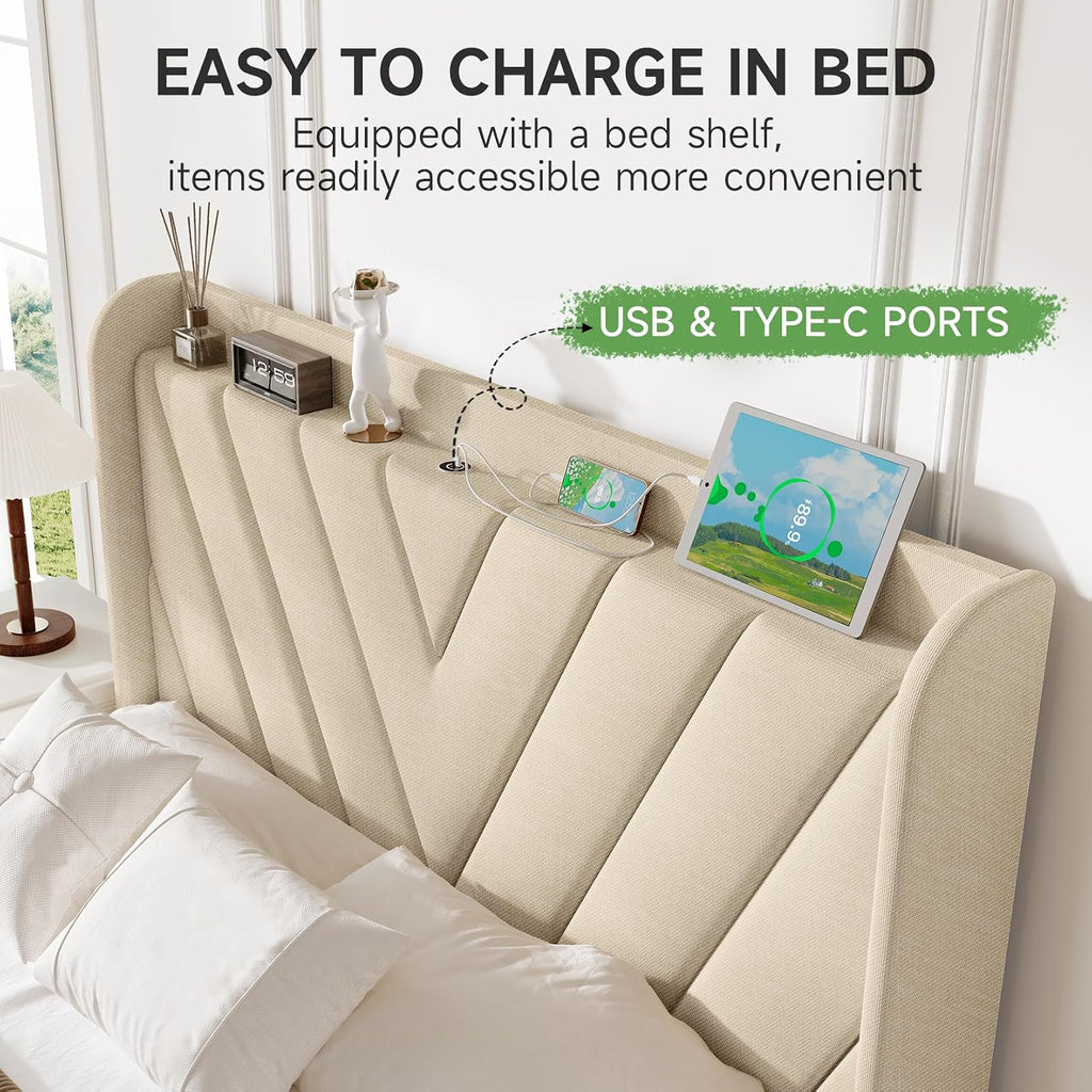 koorlian Queen Bed Frame with Headboard, Adjustable Upholstered Platform Bed Frame with Type-C&USB Ports, Wingback Storage Headboard, Solid Wood Slats Support, No Box Spring Needed, Beige