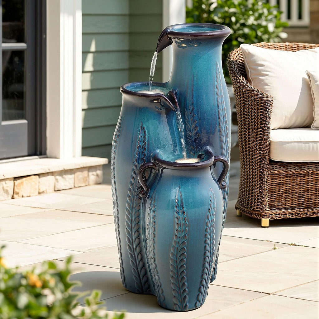 29.5' H Ceramic Outdoor Water Fountain with LED Lights, 3-Tier Vase Cascading Water Feature, Turquoise with Embossed Leaf Patterns, Tranquil Waterfall for Garden, Patio, Yard, or Porch