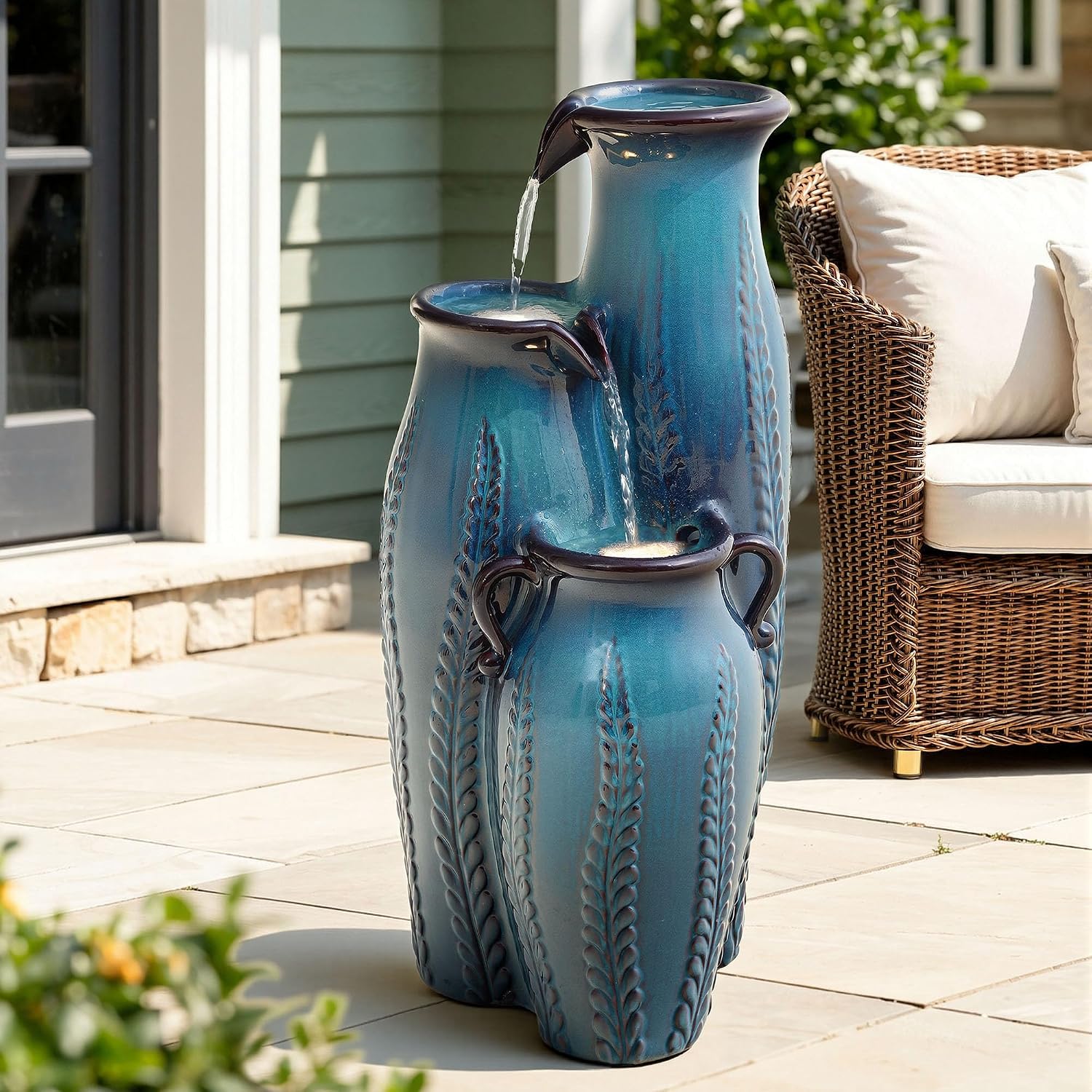 29.5' H Ceramic Outdoor Water Fountain with LED Lights, 3-Tier Vase Cascading Water Feature, Turquoise with Embossed Leaf Patterns, Tranquil Waterfall for Garden, Patio, Yard, or Porch