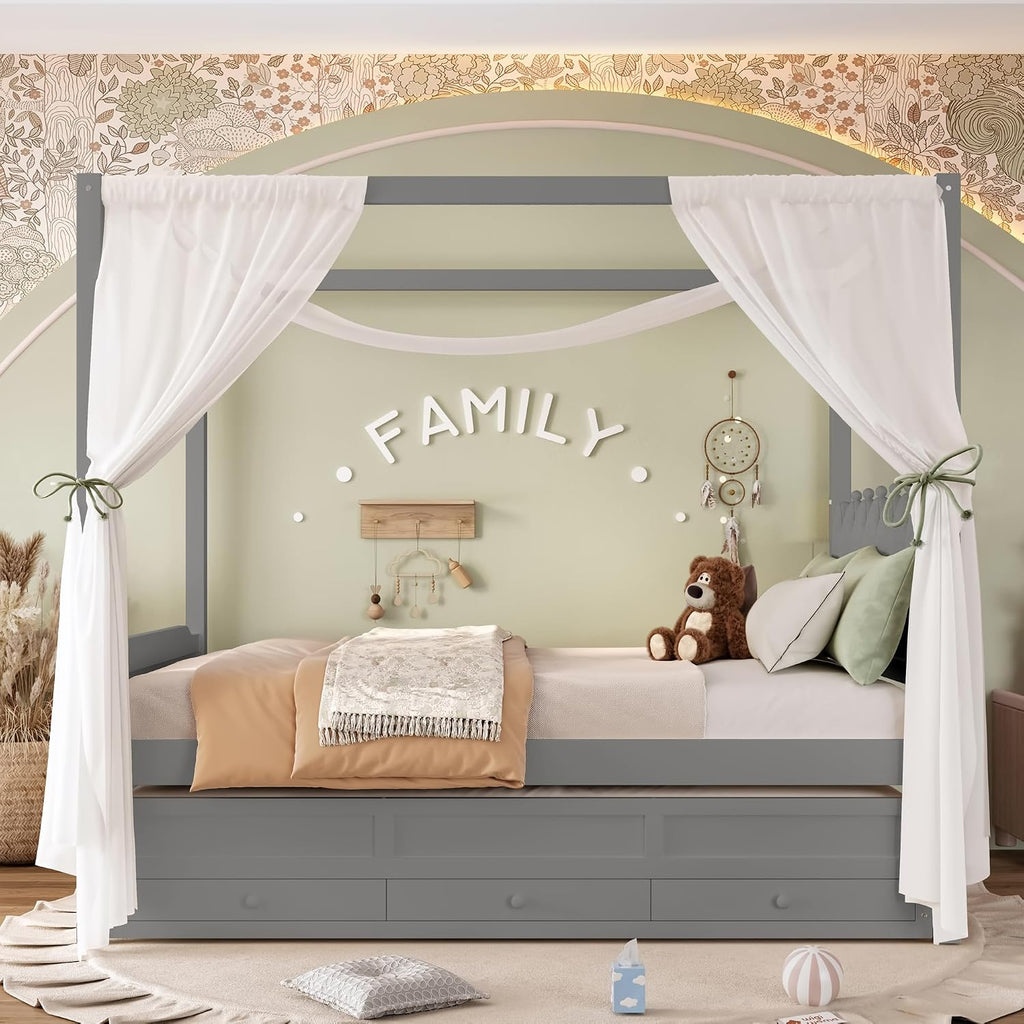 Full Size Wood Canopy Bed with Upholstered Headboard, Twin Size Trundle and 3 Drawers, No Box Spring Needed (Gray, Full)