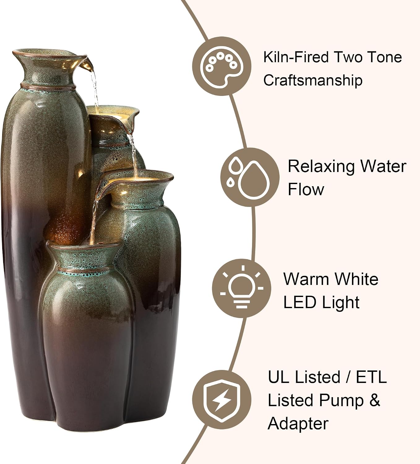 Glitzhome 30.75' H Vase Ceramic Outdoor Water Fountain with LED Lights and Pump, 4-Tier Olive Green and Brown Reactive Glaze Cascading Pots Standing Fountain for Porch Deck Garden Patio Backyard