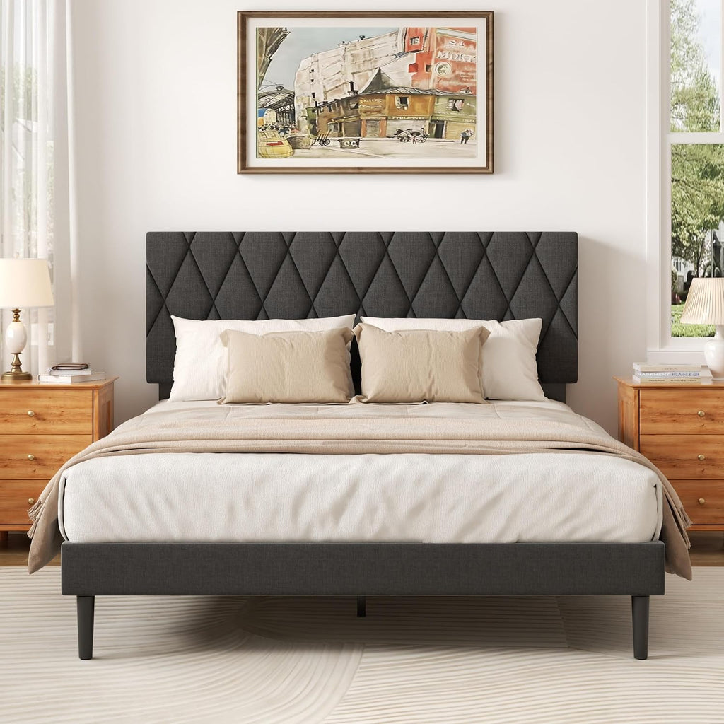 CXVX Full Size Bed Frame with Diamond Tufted Headboard, Linen Upholstered Platform Bed and Wooden Slat Support, Noise-Free, No Box Spring Needed, Easy Assembly, Dark Grey