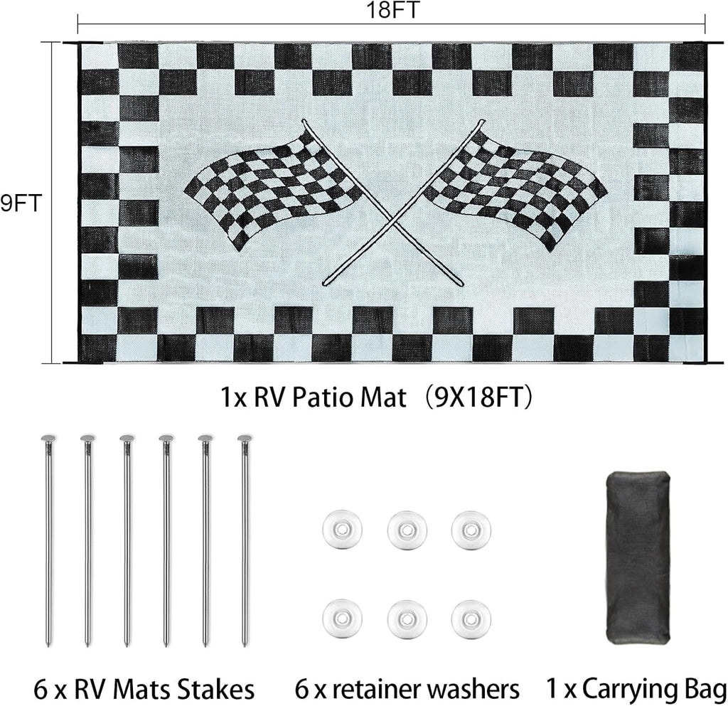 EEZ RV Products 9ft x 18ft Heavy Duty Reversible/Durable Outdoor Patio/RVing Camping Mats Come with Large Storage Bag & 6 Sets of Stakes and Washer, Black & White Checker Flag