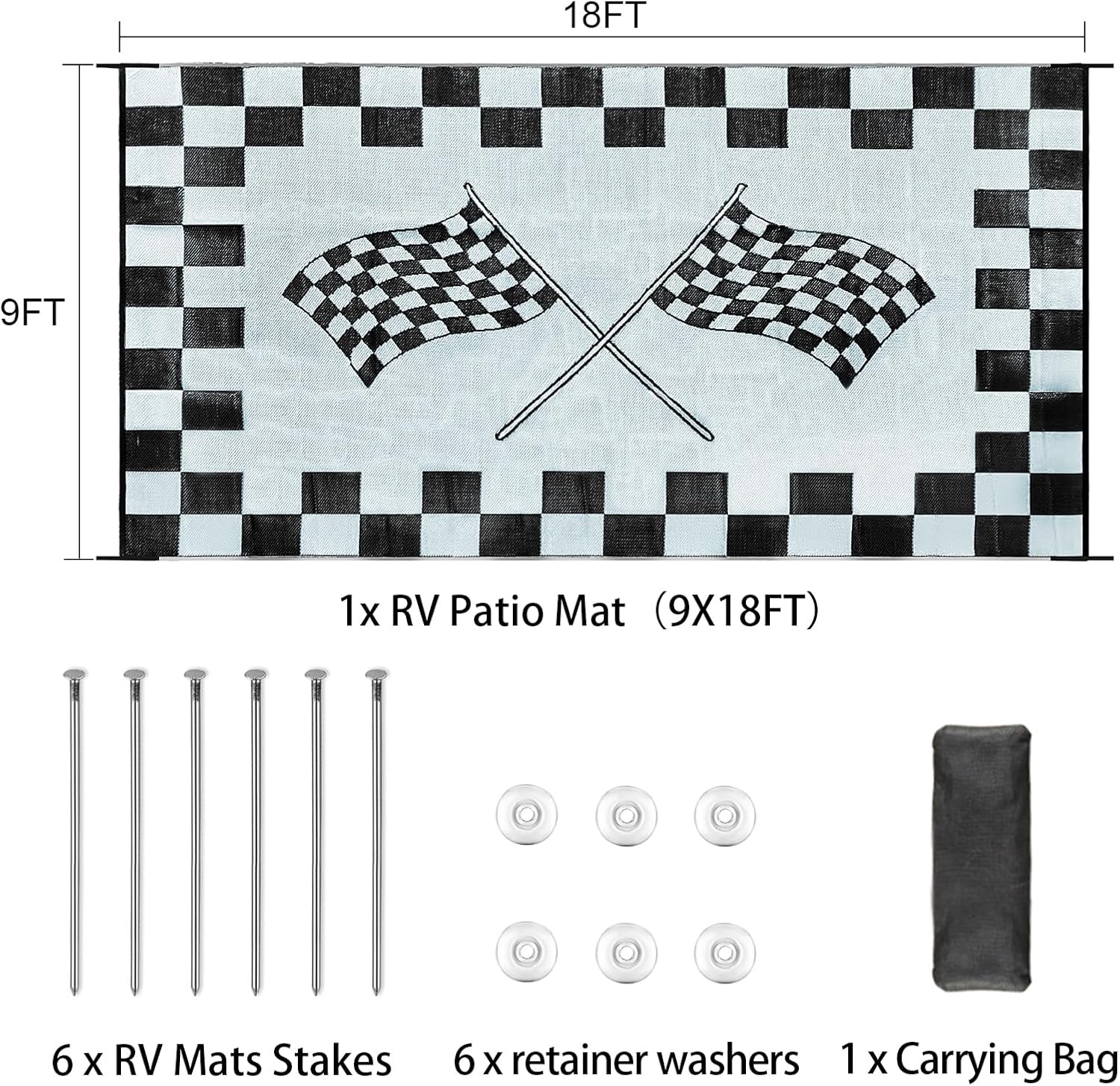 EEZ RV Products 9ft x 18ft Heavy Duty Reversible/Durable Outdoor Patio/RVing Camping Mats Come with Large Storage Bag & 6 Sets of Stakes and Washer, Black & White Checker Flag