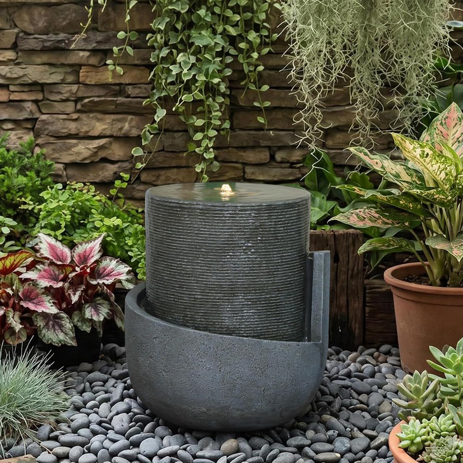 Sunlinua 18H Modern Outdoor Water Fountain with Led Lights Tiered Cascading Waterfall Feature with Quiet Pump Floor Water Fountain for Patio Garden Backyard Decking Home and Indoor Décor Brown Gray