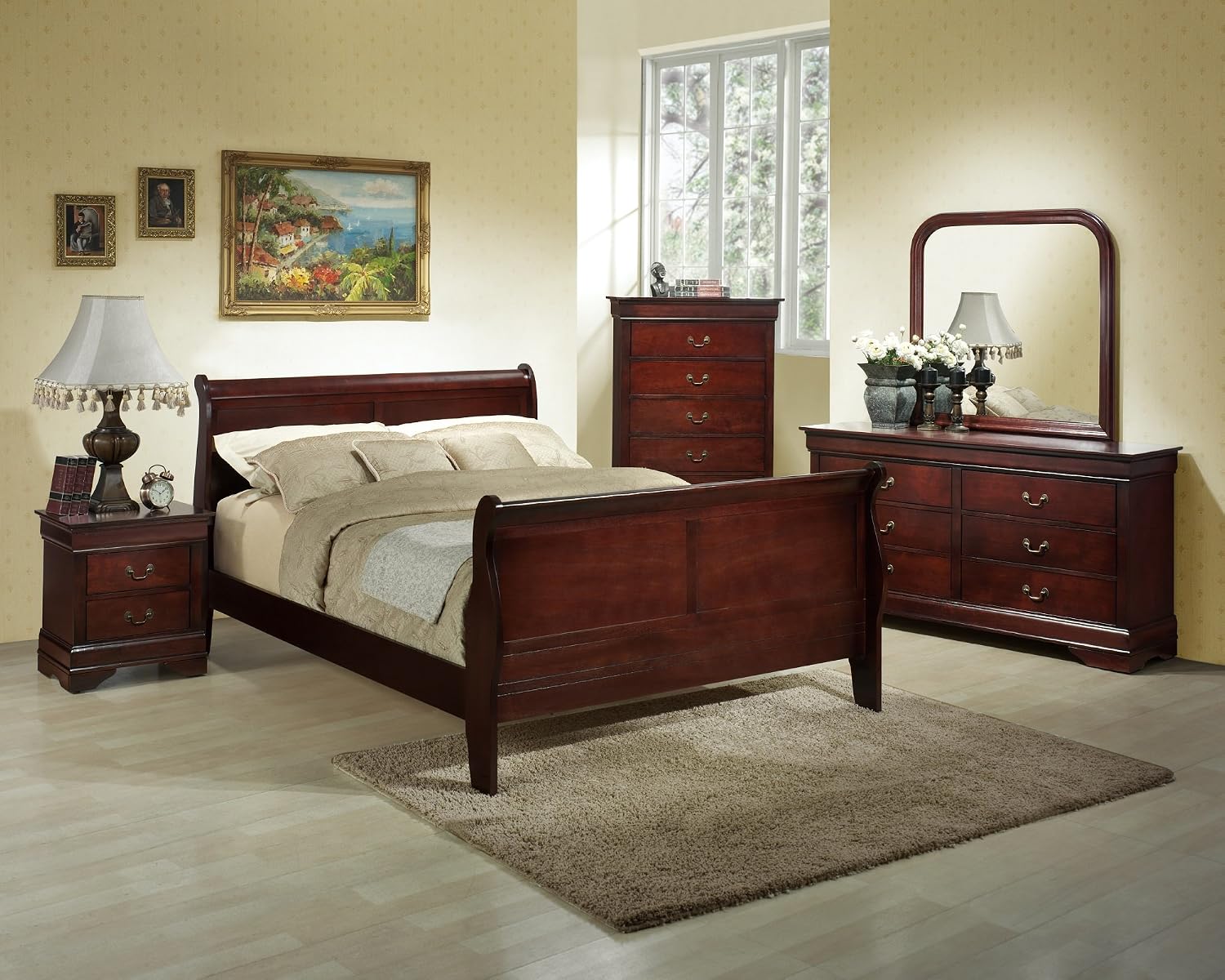 GTU Furniture 5pc Queen Size Sleigh Bedroom Set Louis Philippe Style in Cherry Finish (Cherry)
