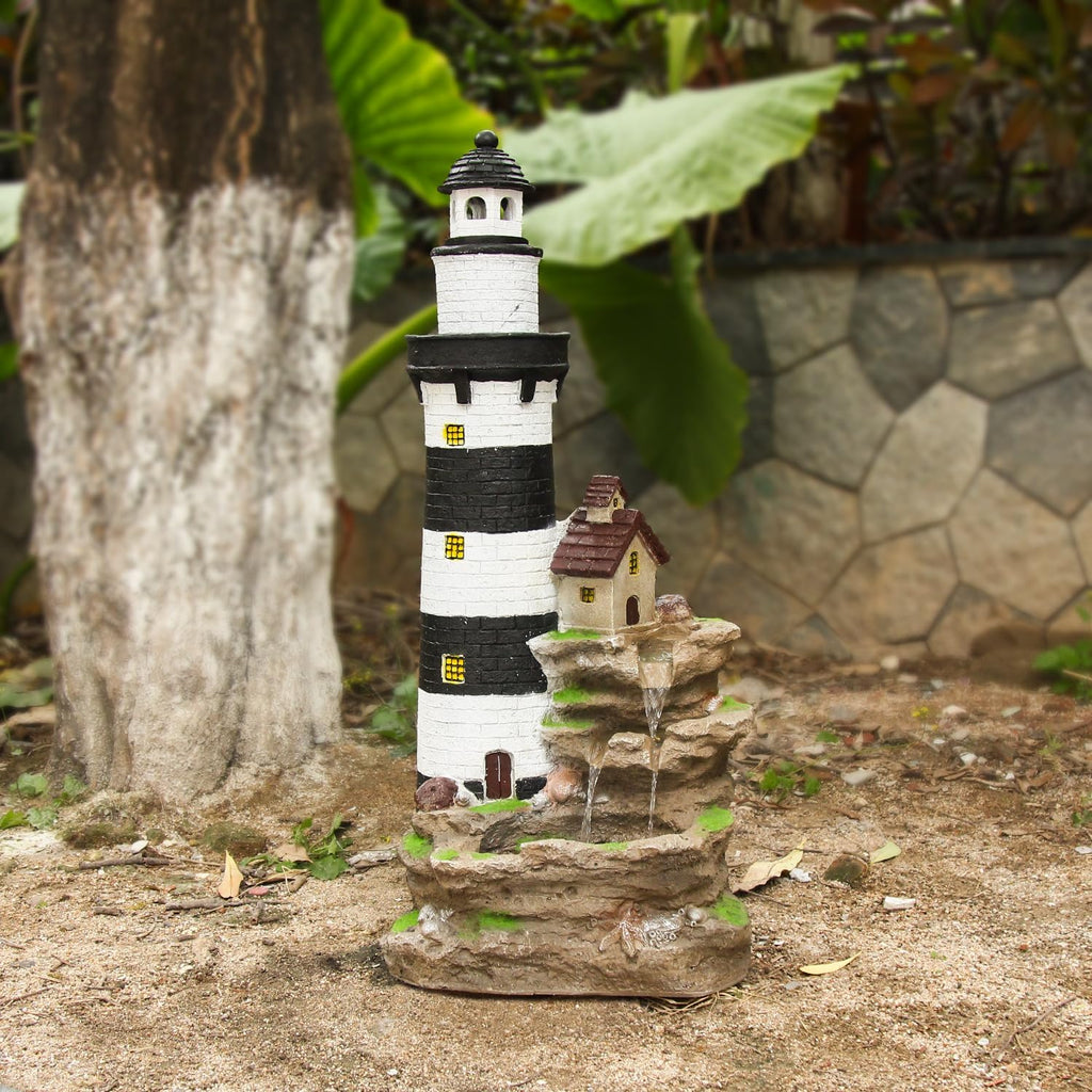 YZM Outdoor Lighthouse Waterfall Fountain 38.58' Tall 3-Tiered Rock Water Feature with LED Lights for Patio, Backyard, or Garden Décor