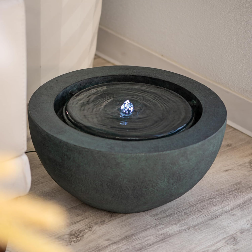 XBrand 19.8' W Round Sphere Water Fountain Indoor Outdoor with LED Light, Polyresin Bubbler Feature for Patio Garden Yard Home Décor, Dark Green