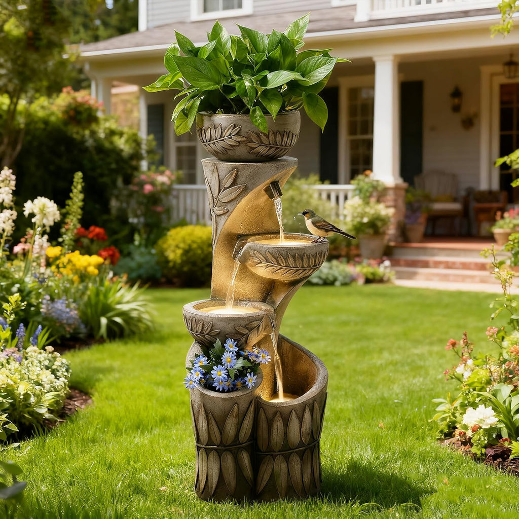 35.6' H Outdoor Water Fountain - Relief Leaf Design 4 Tiers Modern Cascading Bowls and Garden Fountains with Lights for Patio, Deck, Porch, Lawns, Backyard and Home Art Decor