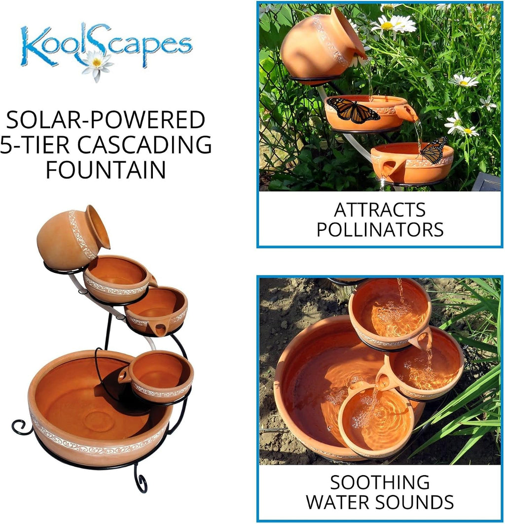 Koolscapes Solar-Powered 5-Tier Cascading Fountain, Terracotta Clay Pots, Self-Contained Water Feature, Low-Maintenance Outdoor Fountain for Deck Porch Balcony Garden Yard Pool Patio
