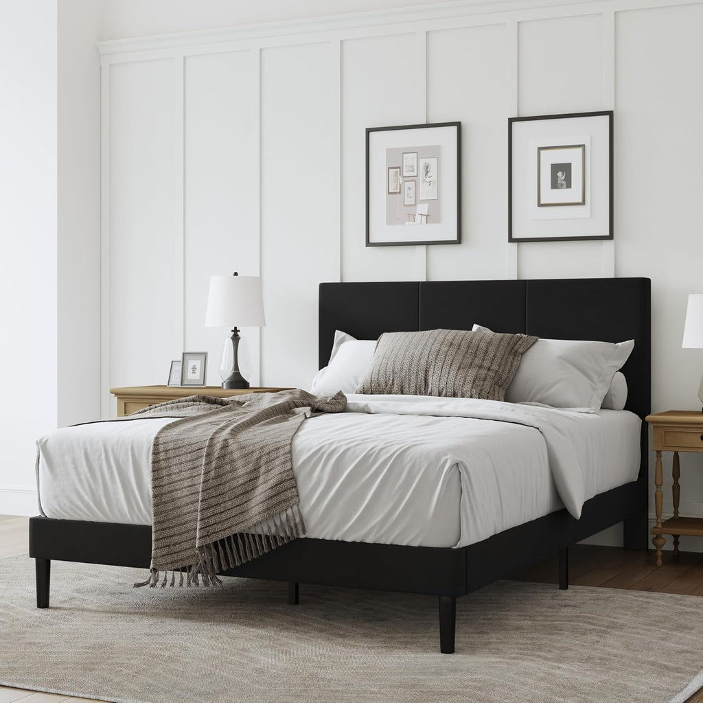 Full Size Bed Frame with Headboard, Velvet Upholstered Platform Bed Frame, Sturdy Slatted Support for Springless Mattresses, Silent Operation, Easy to Assemble, Black