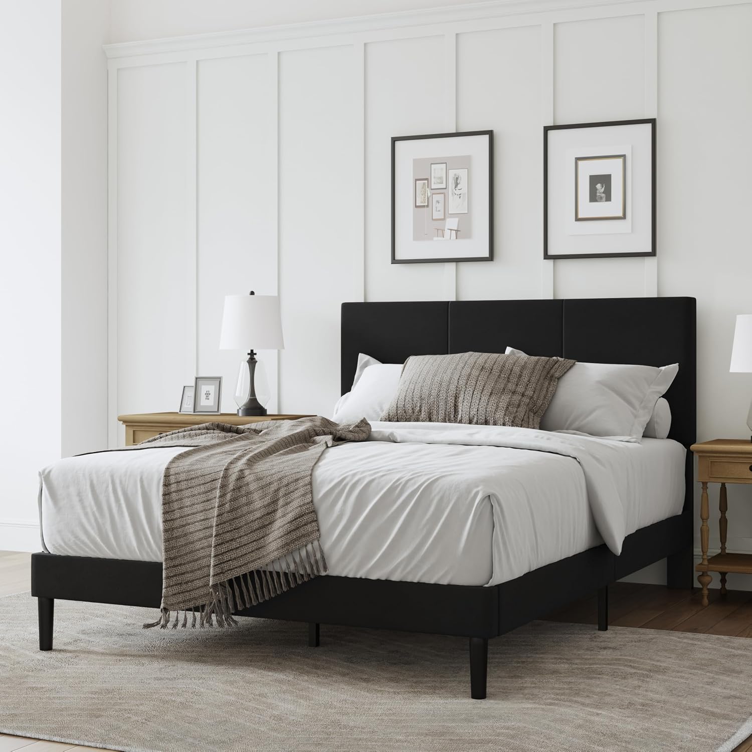 Full Size Bed Frame with Headboard, Velvet Upholstered Platform Bed Frame, Sturdy Slatted Support for Springless Mattresses, Silent Operation, Easy to Assemble, Black