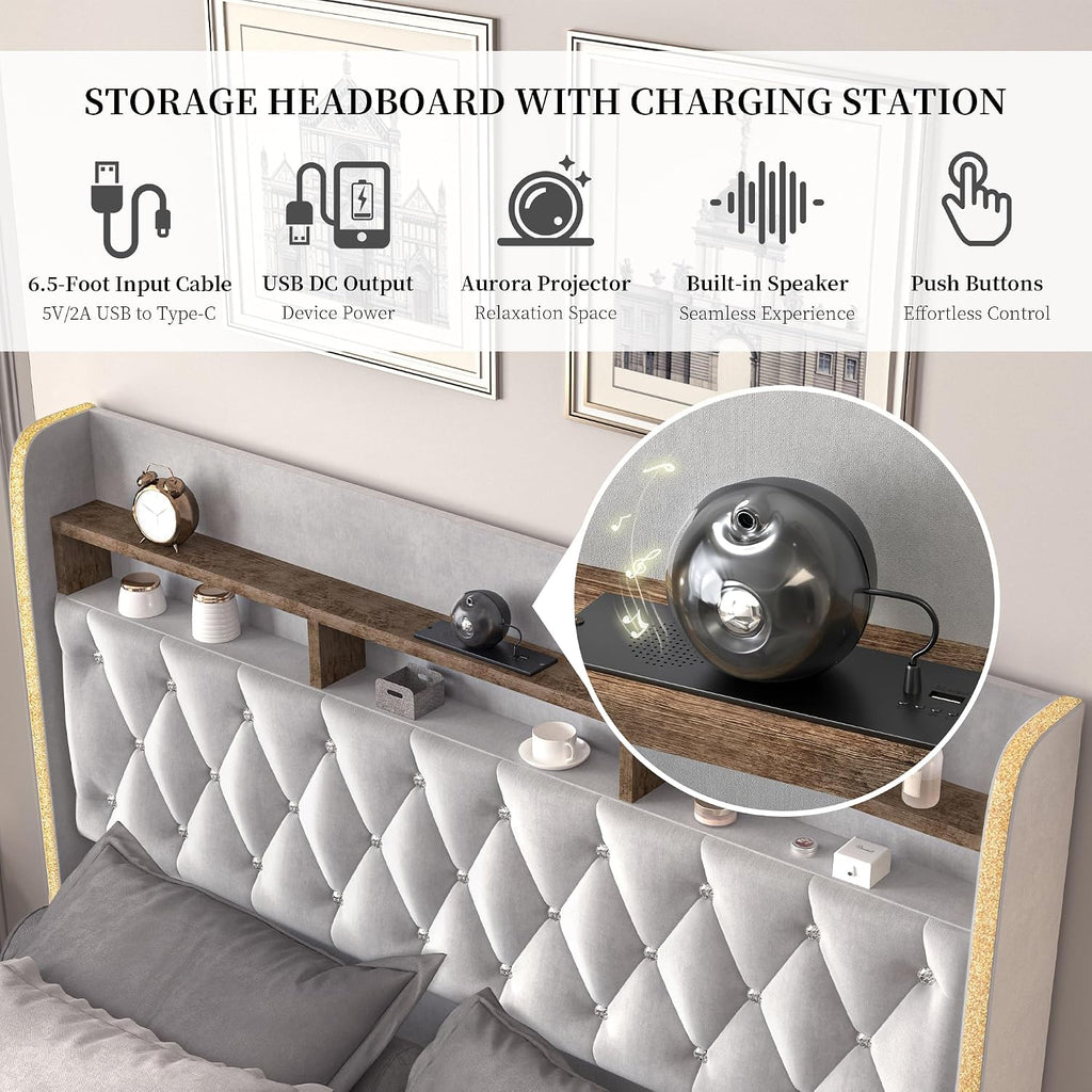 SIBEDS Full LED Bed Frame with Storage Drawers, Velvet Upholstered Platform Beds with Galaxy Star Projector Charging Station Speaker, Aurora Bedframe with 2-Tier Storage Headboard, Noise-Free, Grey