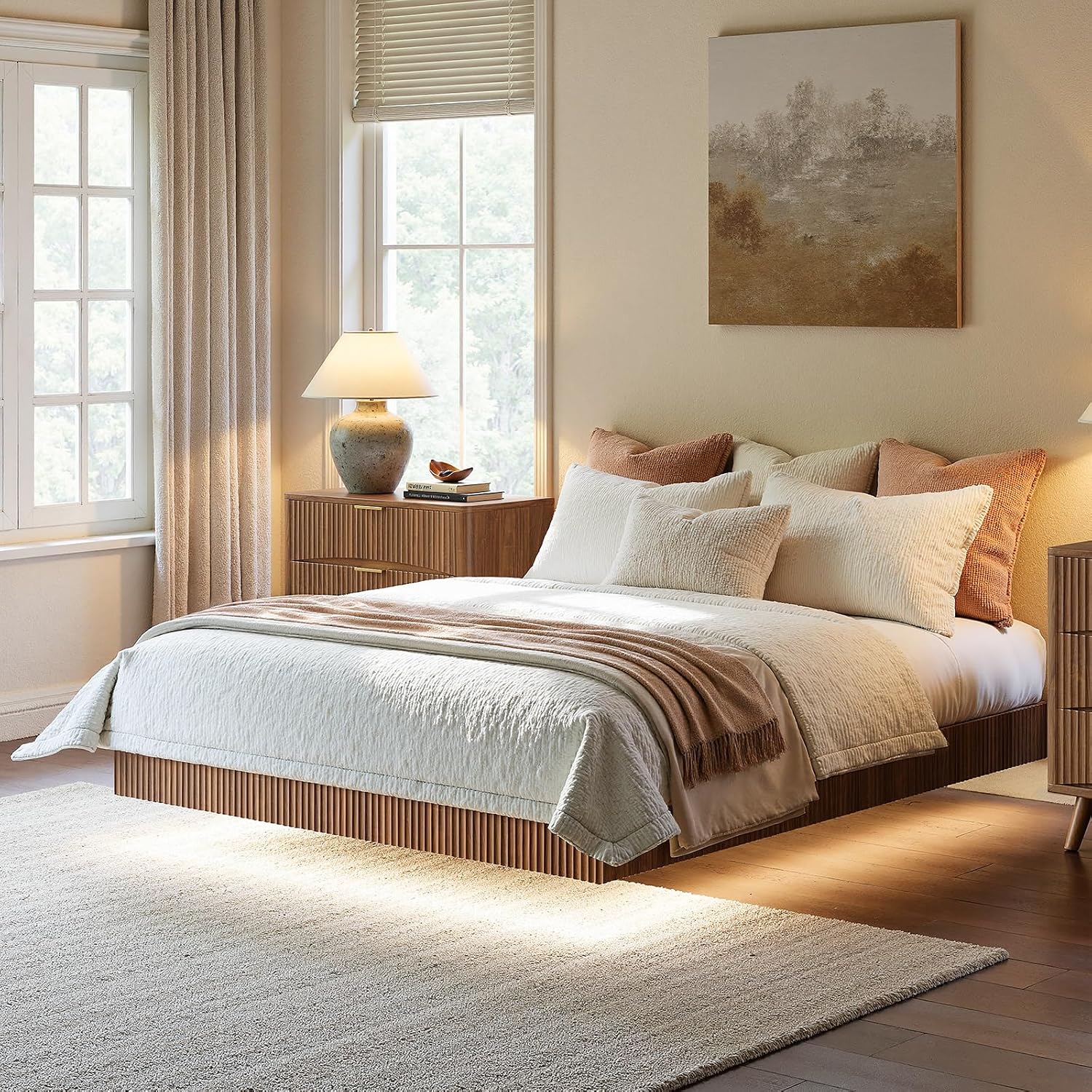 Evermagin Walnut Queen Floating Bed Frame with led Lights, Fluted 12In High Platform Bed No Headboard, Mid Century Modern Float Metal Bedframe, No Box Spring Needed (Walnut, Queen-12in high)