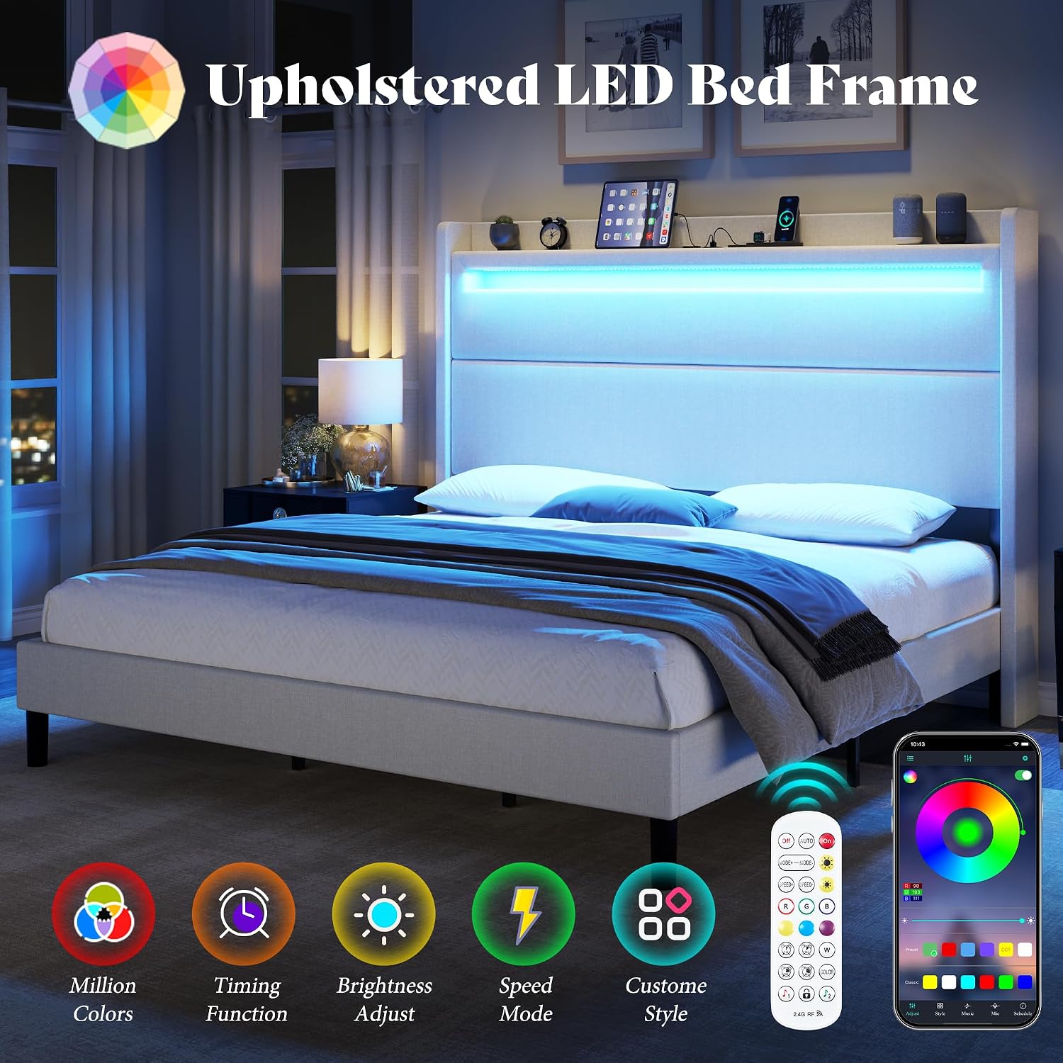 AMERLIFE King Bed Frame with LED Lights & Wingback Headboard, Upholstered Platform Bed with USB & USB-C Ports, No Box Spring Needed/Noise Free/White