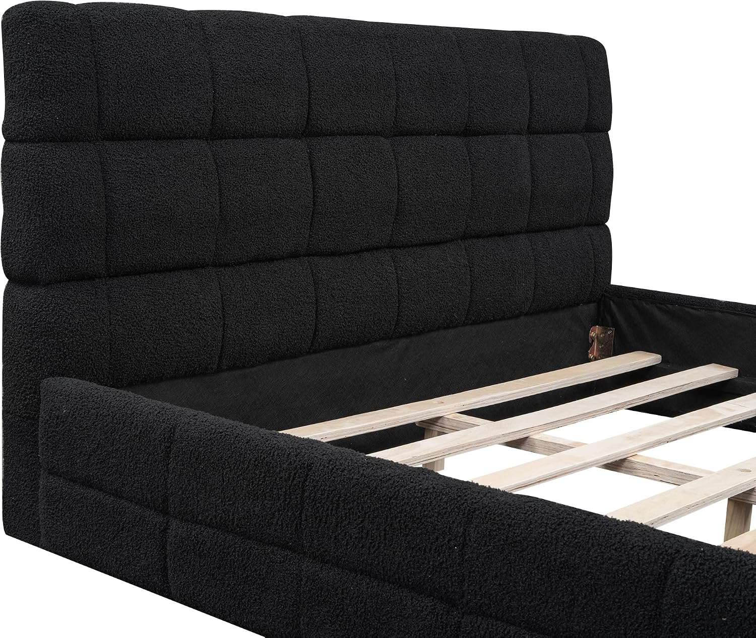 JIVOIT Queen Size Upholstered Platform Bed, Berber Fleece Upholstered Bed with Headboard, Wood Low Platform Bed Frame with Wood Slats Support, No Box Spring Required (Black & 12)