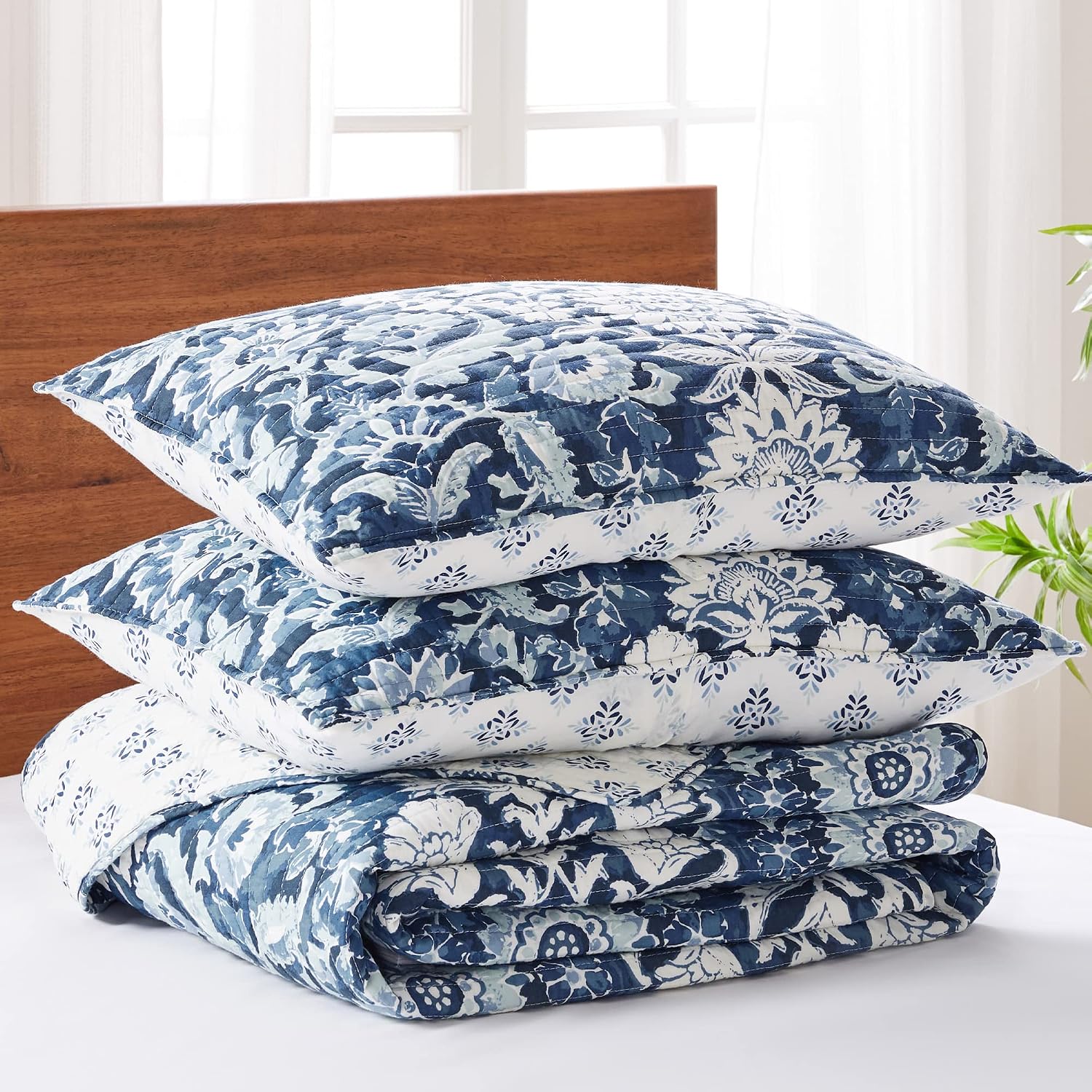 Levtex Home - Laure Indigo Quilt Set - King Quilt and Two King Shams - Floral - Indigo, Blue and White - Quilt (106x92in.) and Shams (20x36in.) - Reversible - Cotton