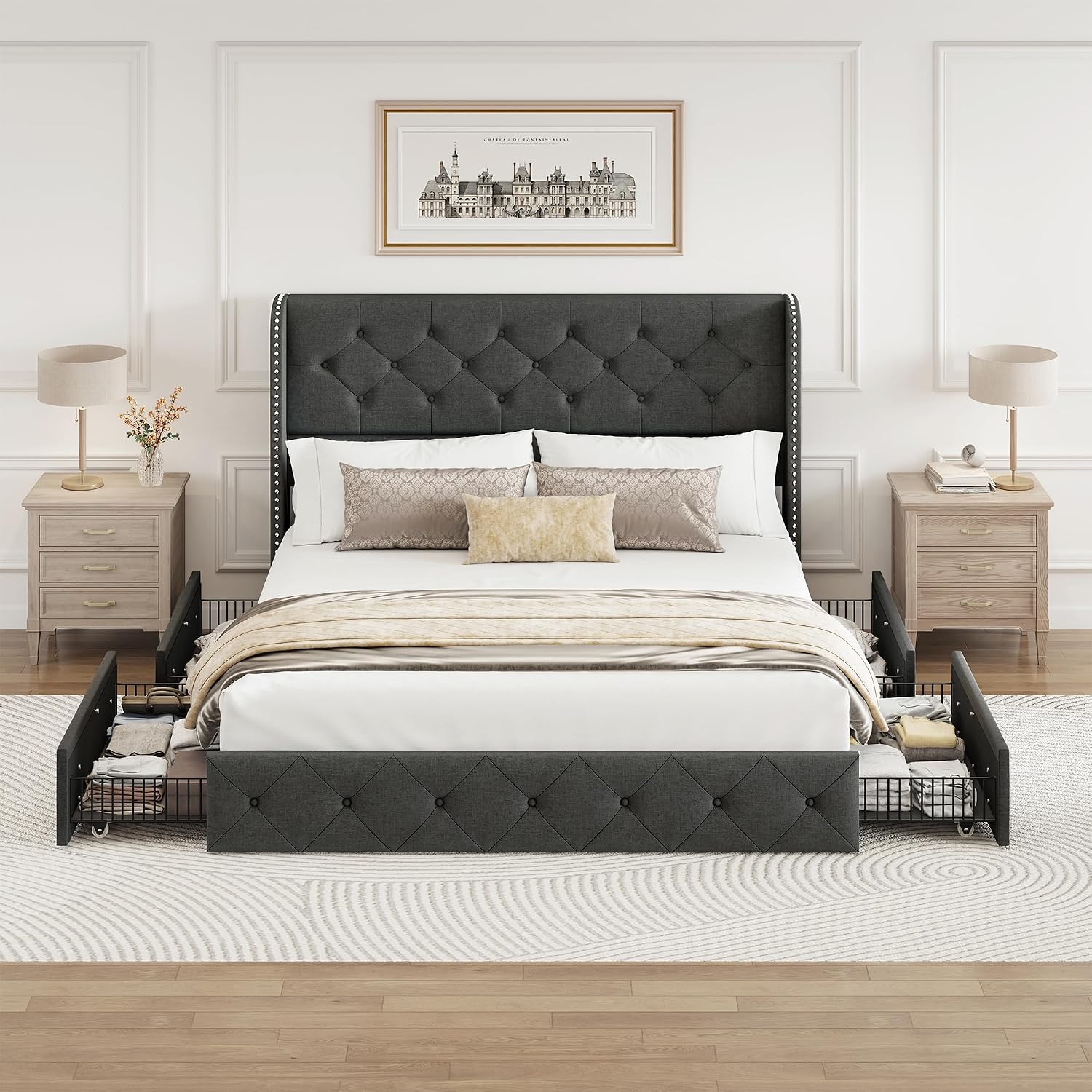 BRELTAM Queen Size Bed Frame with Storage Drawers and Wingback Headboard Linen Upholstered Platform Bed Frame Tufted Beds with Heavy Duty Wood Slats, Noise Free, Easy Assembly, Dark Grey