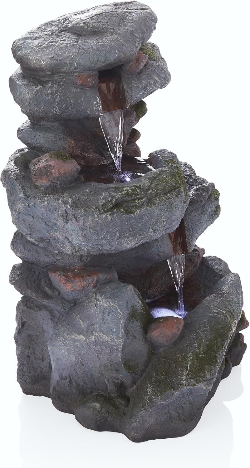 Alpine Corporation 22' Tall 3-Tier Outdoor Rock Waterfall Fountain with LED Lights, Natural Stone Look for Garden, Patio, Yard & Porch Decor, Gray