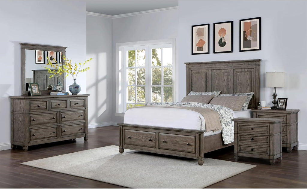 Furniture of America Xephyr Solid Wood 5-Piece Bedroom Set, Queen-Size Bed with Footboard Drawers, Felt-Lined Top & Ball-Bearing Glides, USB Port on Nightstand, Box Spring Required, Warm Gray