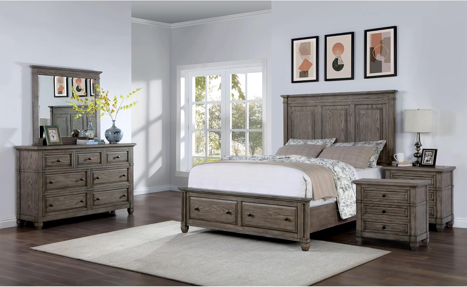Furniture of America Xephyr Solid Wood 5-Piece Bedroom Set, Queen-Size Bed with Footboard Drawers, Felt-Lined Top & Ball-Bearing Glides, USB Port on Nightstand, Box Spring Required, Warm Gray