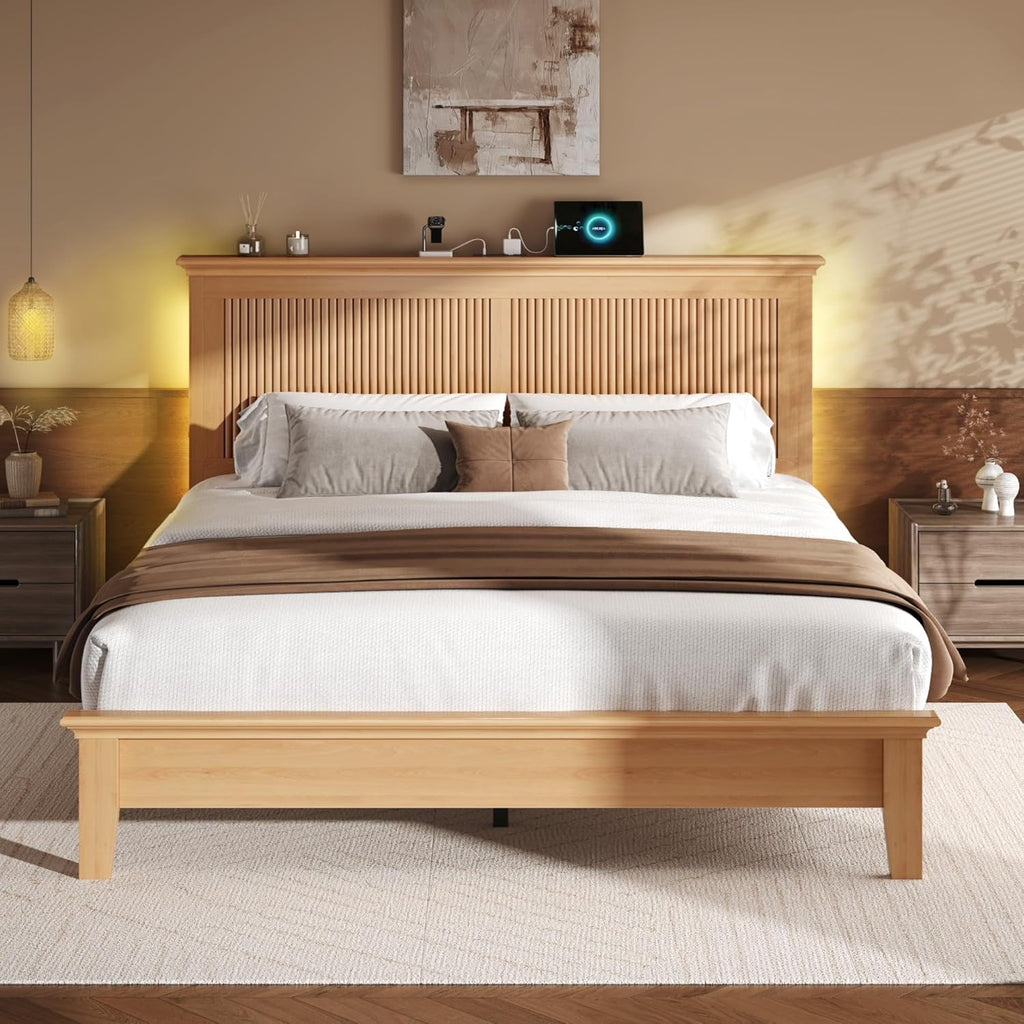 Lifezone Wood Queen Bed, Solid Wood Bed with Tall Headboard, American Vintage Design, Queen Bed with Charging Station & RGB LED, Wood Slats Support,Noise-Free,Sturdy Structure,Easy Assembly, Natural