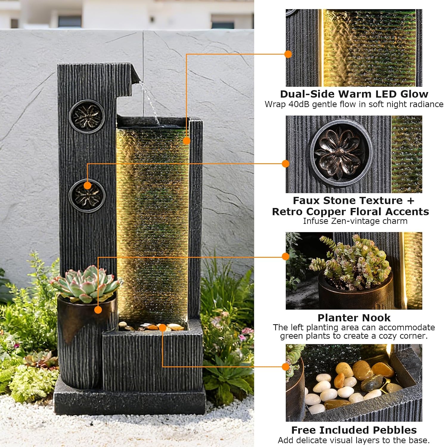37'' Tall Waterfall Fountain Indoor Modern Outdoor Water Fountains with LED Light,Vertical Striped Texture Floor Standing Water Feature for Patio, Yard, Garden or Home Decor