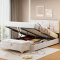 2 Pieces Bedroom Sets, Queen Size Velvet Upholstered Platform Bed with Hydraulic Storage System and Gold Decoration, Storage Ottoman with Metal Legs, Modern Design (Beige)