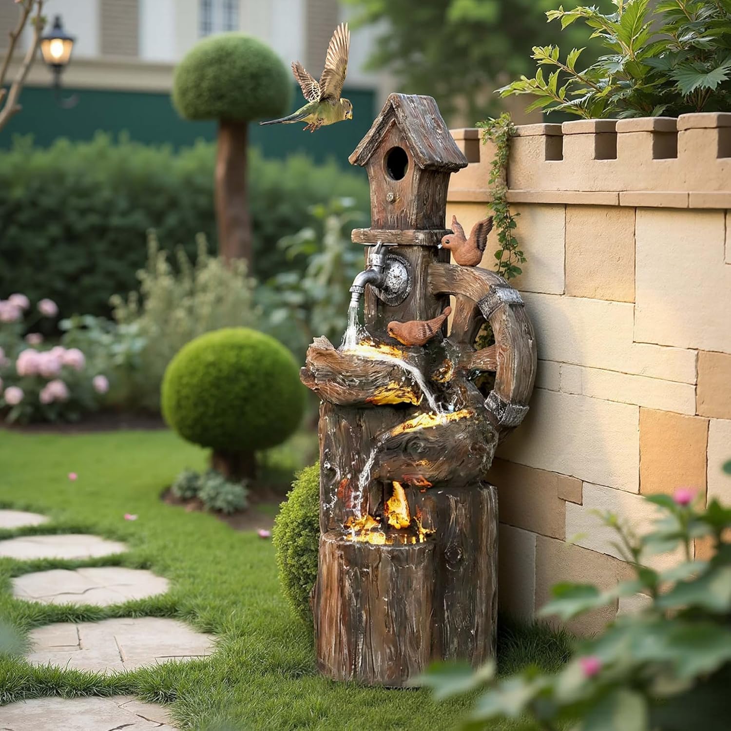 Outsunny Outdoor Water Fountain, Decorative Garden Birdhouse, 3-Tier Cascading Waterfall with LED Lights and Water Wheel, Soothing Tranquility for Home Garden, Yard Decor