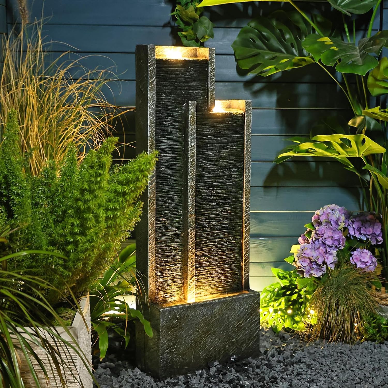 35' Modern Double Column Waterfall Fountain - Outdoor Water Fountain with LED Lights, Freestanding Waterfall Feature for Garden, Patio, Deck, Porch, and Home Decor, Rectangular Resin Design