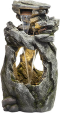 Alpine Corporation 41' Tall Outdoor Cascading Rainforest Rock Waterfall Floor Fountain with LED for Gardens, Patios, and Yards, Brown