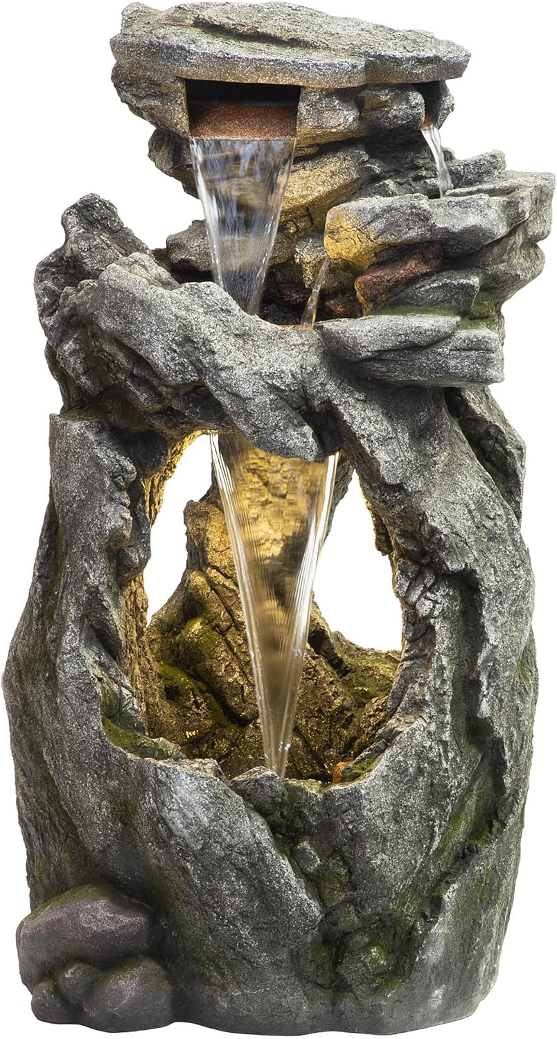 Alpine Corporation 41' Tall Outdoor Cascading Rainforest Rock Waterfall Floor Fountain with LED for Gardens, Patios, and Yards, Brown