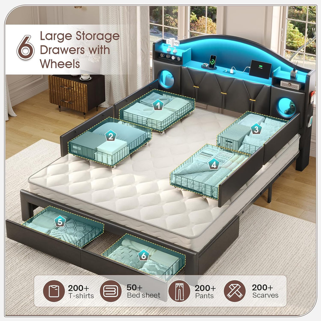 Queen Bed Frame with 6 Storage Drawers,Platform Bed Frame Queen Size with Headboard,LED Lights&Charging Station,Queen Bed with Metal Support, Noise-Free,No Box Spring Needed,Easy Assembly,PU Black