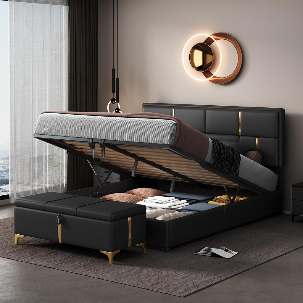 Queen Size Upholstered Bed Frame with Storage Ottoman, Hydraulic Storage Bed Frame with Headbaord and Storage Bench, 2-Piece Bedroom Furniture Set - Black