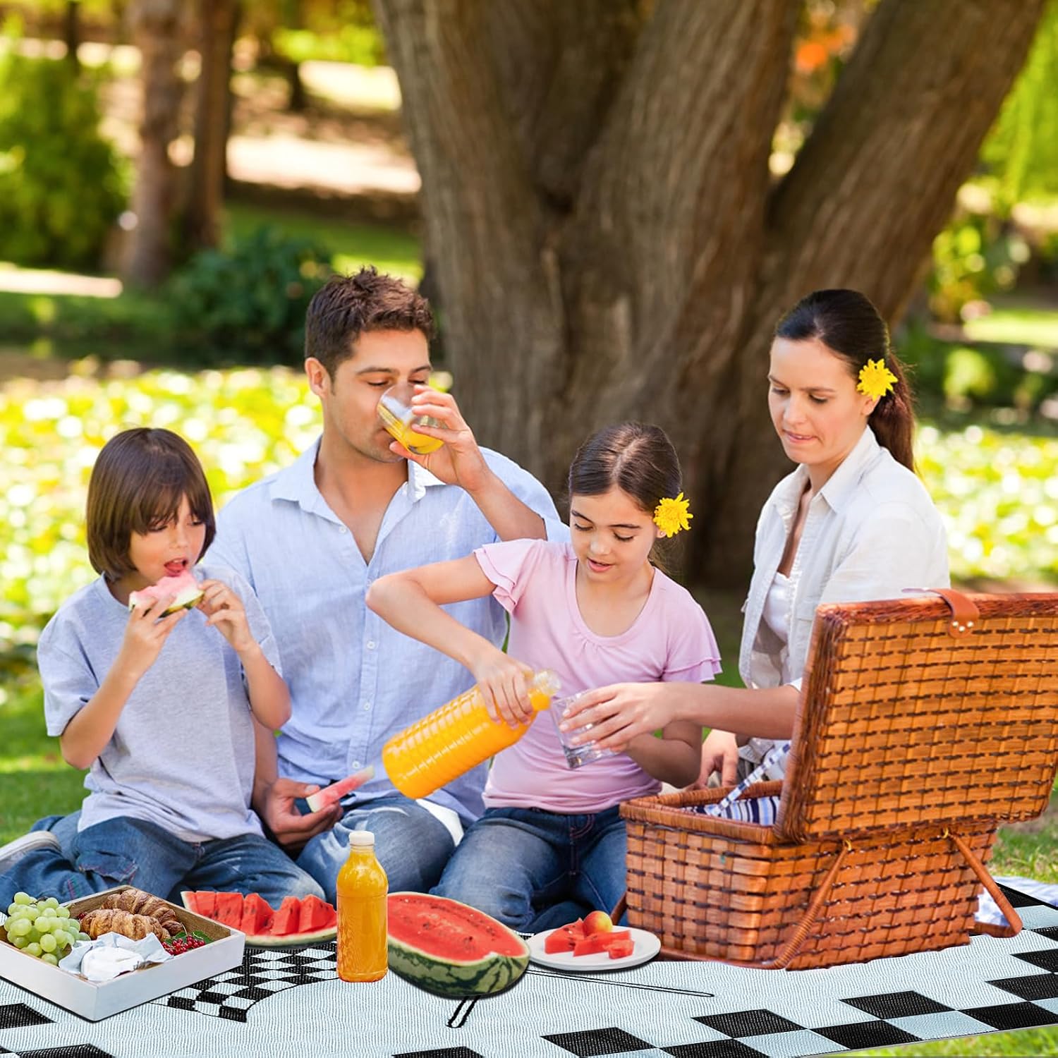 EEZ RV Products 9ft x 18ft Heavy Duty Reversible/Durable Outdoor Patio/RVing Camping Mats Come with Large Storage Bag & 6 Sets of Stakes and Washer, Black & White Checker Flag