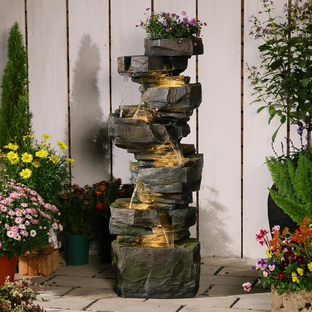 Sunlinua 48.6' H Outdoor Water Fountain with 6 Tiers Large Cascading Realistic Rock Waterfall Fountains with LED Lights Outdoor Water Fountain for Garden Patio Backyard Porch Home Decor