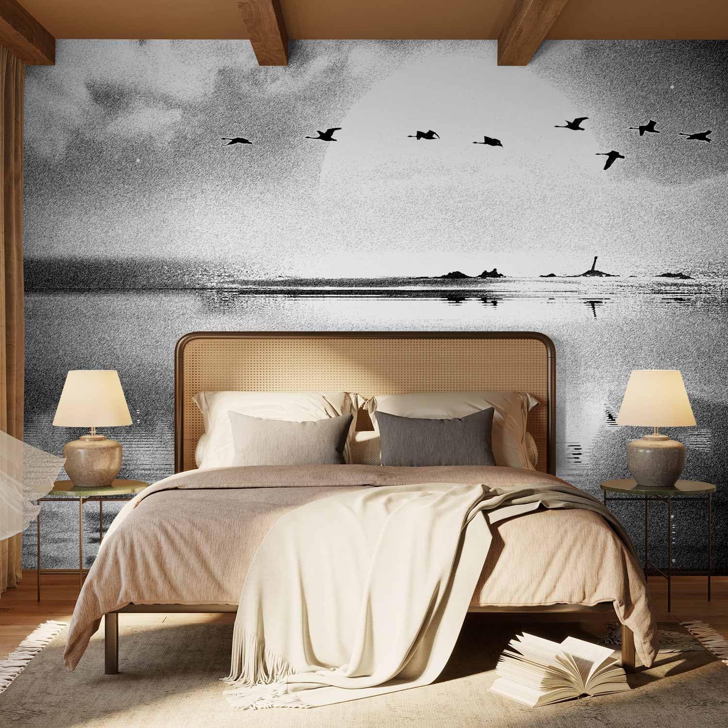 artgeist Premium Wall Mural Landscape Lake 157x110 in - Non-Woven Wallpaper Fleece Wall Decor Photo Print Picture Image Design Concrete Bird Nature Grey Like Painted c-C-10025-a-a