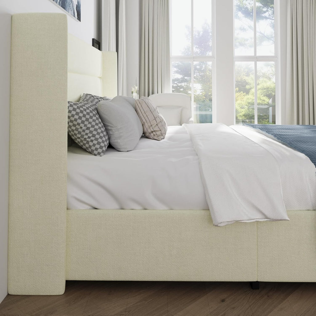 SHA CERLIN King Size Lift Up Storage Bed/Chenille Fabric Upholstered/Modern Wingback Headboard/Platform Bed Frame/Hydraulic Storage/No Box Spring Needed/Wood Slats Support/Cream