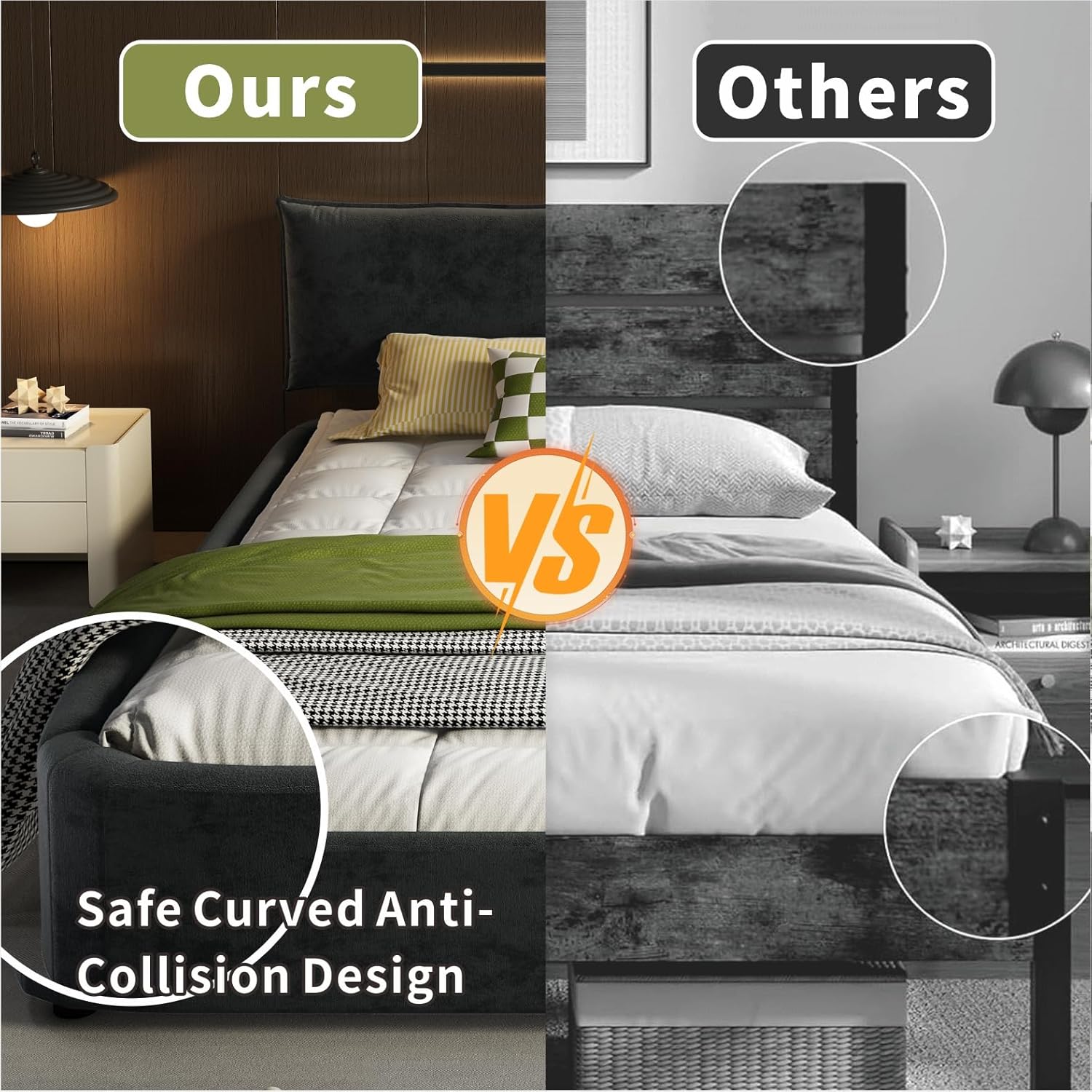King Size Upholstered Platform Bed, Chenille Cloud Bed Frame with Oversized Padded Movable Headboard, Round Corner, Metal + Solid Wooden Slat Double Support, No Box Spring Needed (Dark Grey-65)