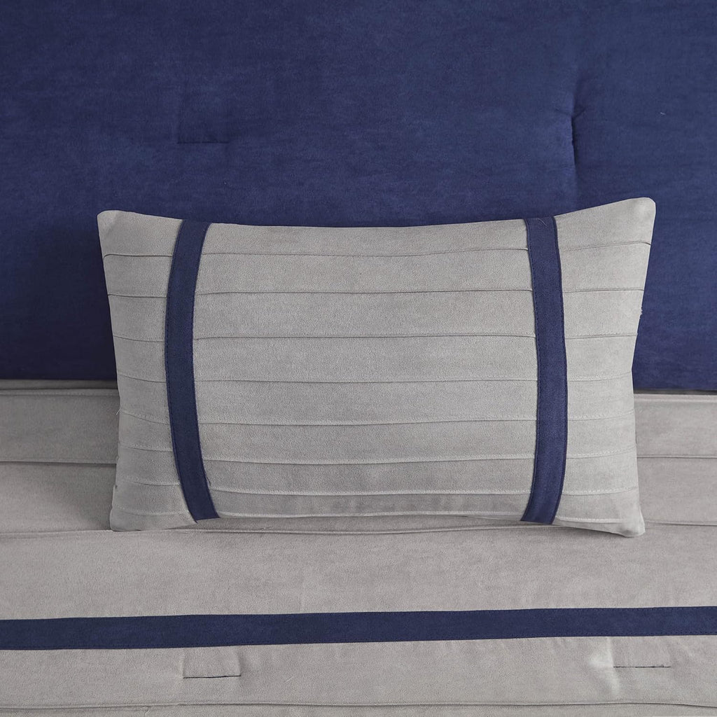 Madison Park Cozy Comforter Set-Luxury Faux Suede Design, Striped Accent, All Season Down Alternative Bedding, Matching Shams, Decorative Pillow, Blue, California King (104 in x 92 in)