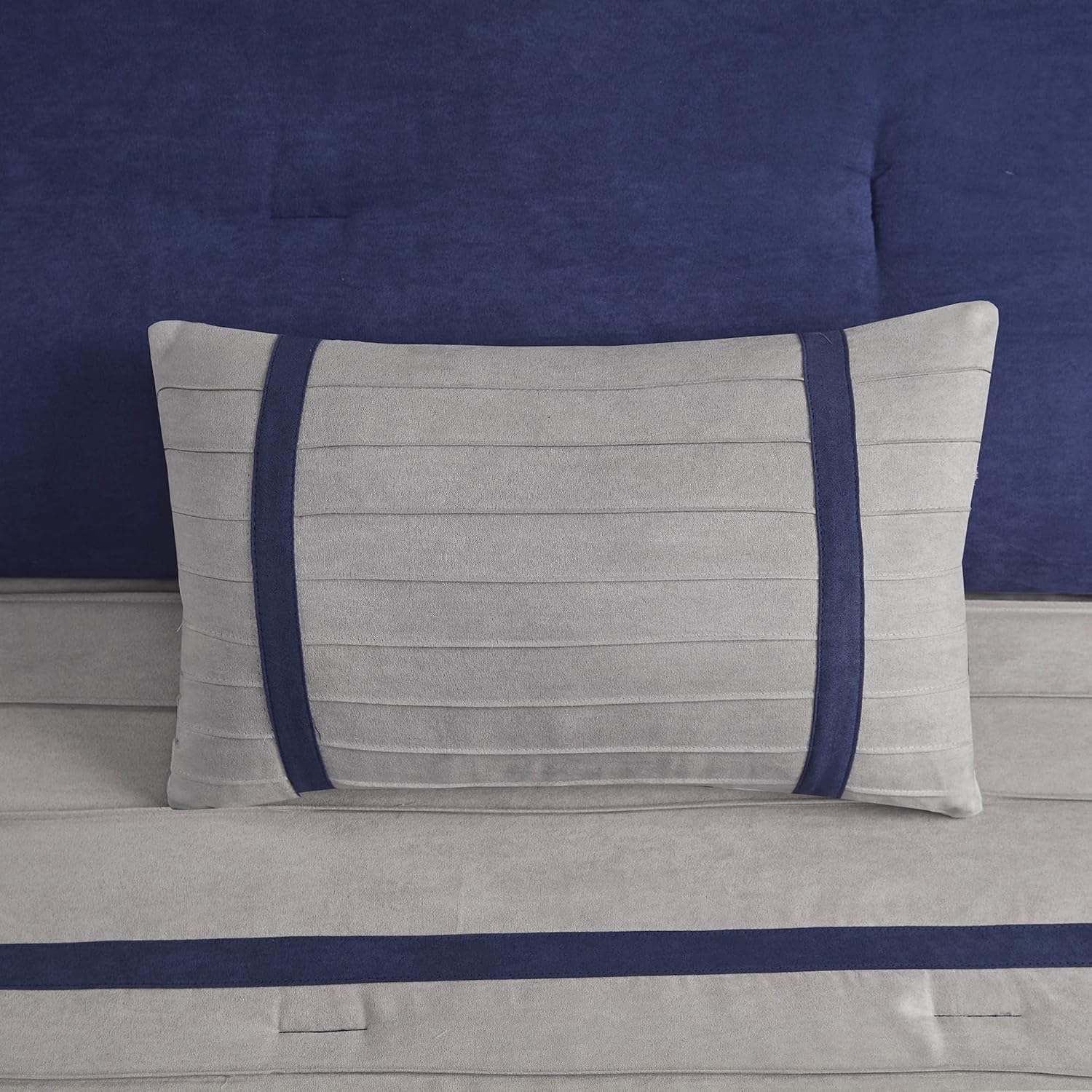 Madison Park Cozy Comforter Set-Luxury Faux Suede Design, Striped Accent, All Season Down Alternative Bedding, Matching Shams, Decorative Pillow, Blue, California King (104 in x 92 in)
