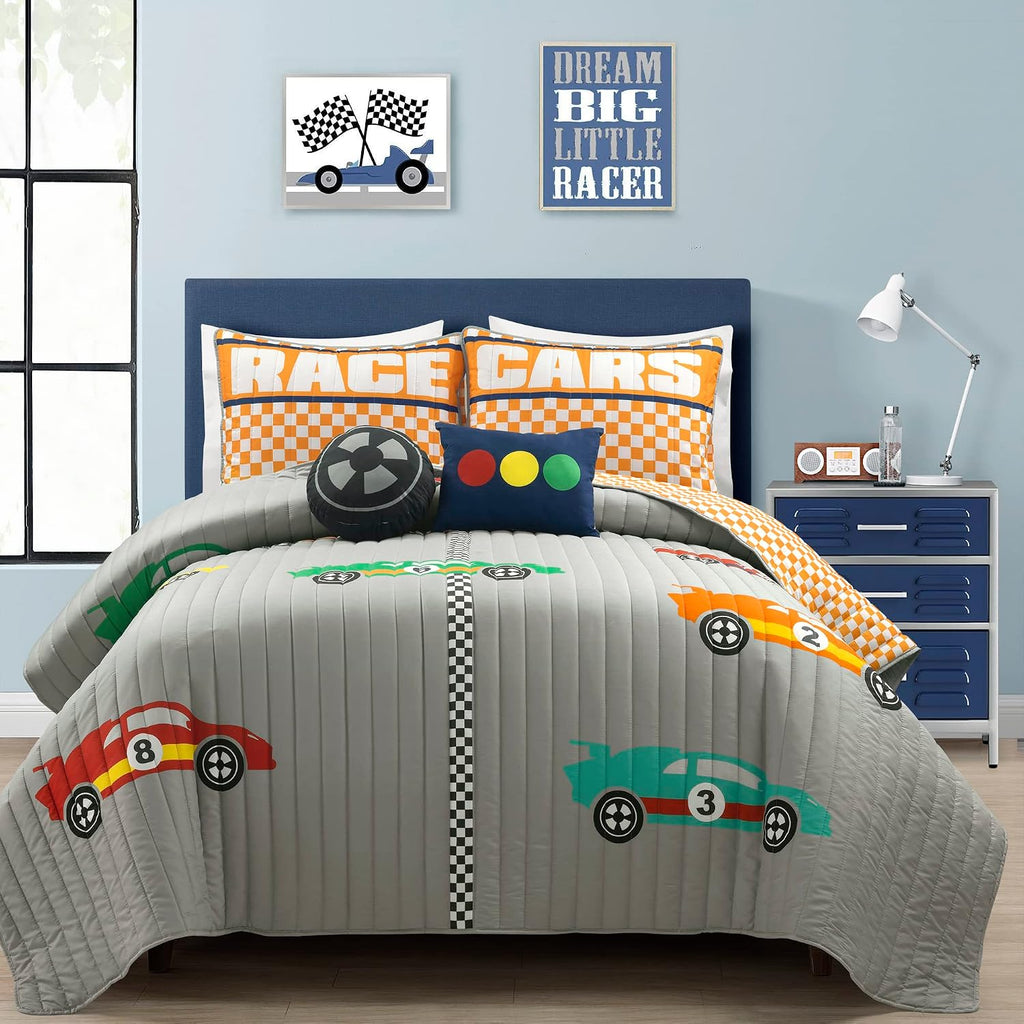 Lush Decor Racing Cars Reversible Oversized 5 Piece Quilt Set, Full/Queen, Gray & Orange