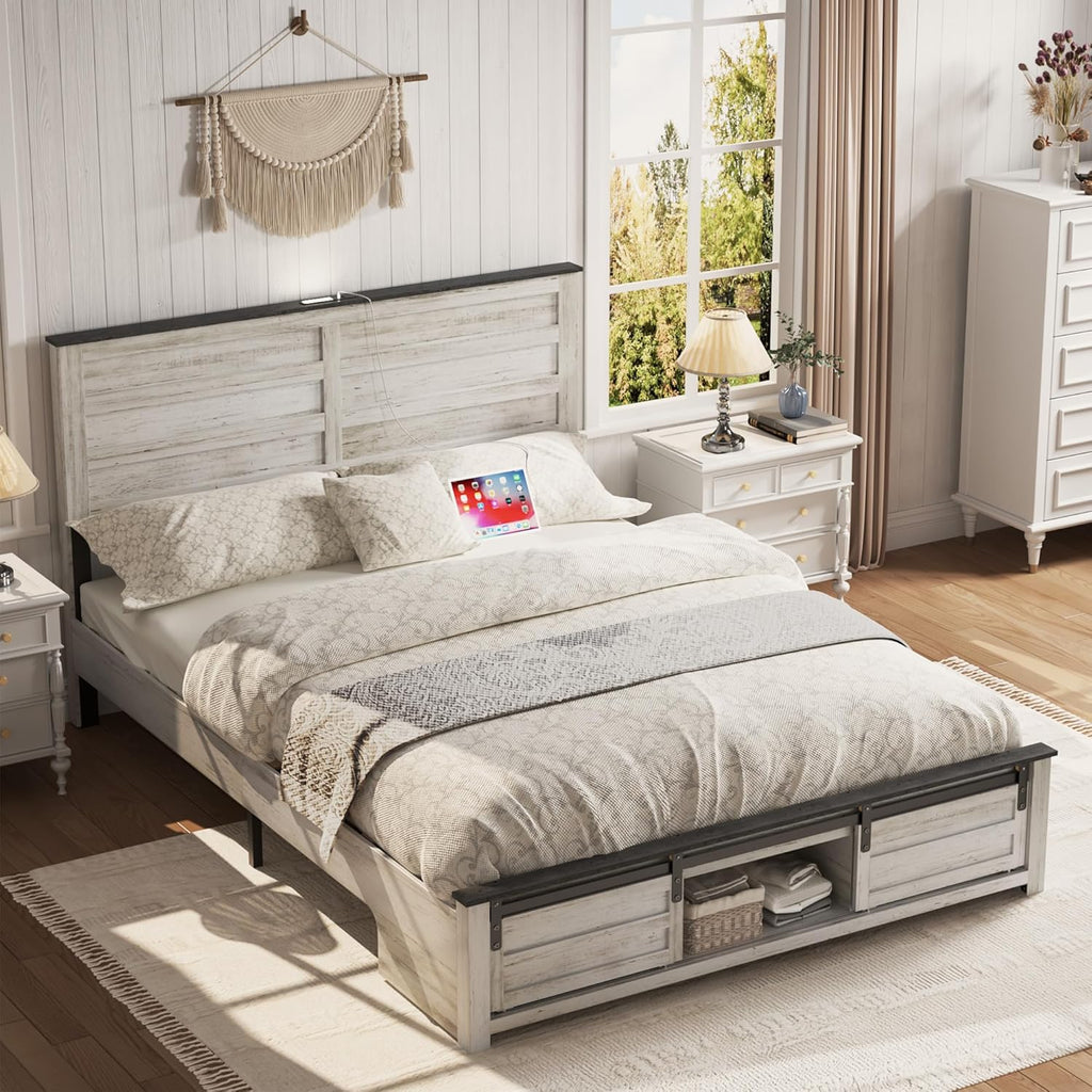 Wooden Bed Frame Queen Size with Headboard & Sliding Barn Door Storage Footboard, Farmhouse Platform Bedframe with Charging Station and LED Lights, No Box Spring Needed, Boho White