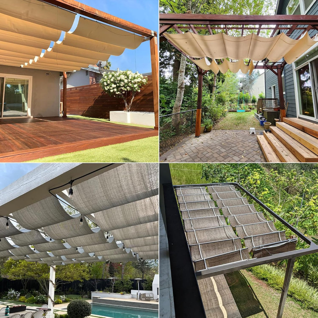 TANG 4' x 16' Waterproof Pergola Shade Cover Retractable Sun Shades Outdoor Patio Pergolas Canopy Replacement Pergola Kit, Wave Shade Sail with Hardware Wire Cable, Light Grey