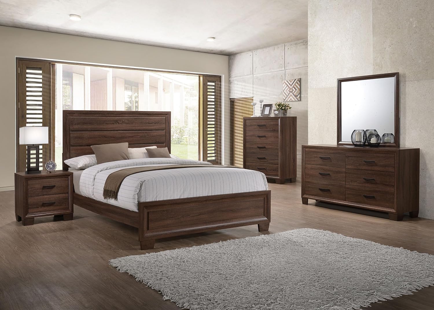Coaster Home Furnishings Brandon Transitional 5-Piece Bedroom Set Eastern King Size Panel Bed Frame 56-inch Headboard Warm Brown 205321KE-S5